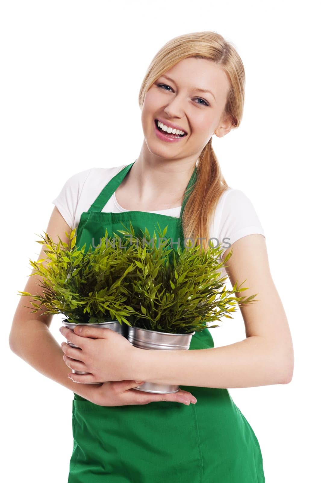 Happy gardener female with her plants