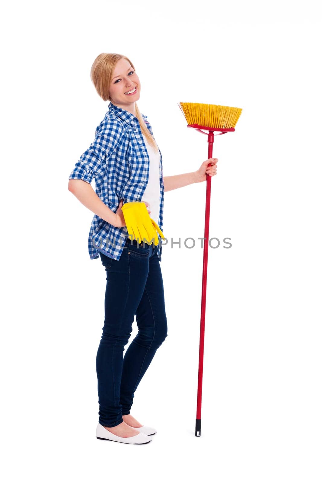 Portrait of beautiful female cleaner with broom