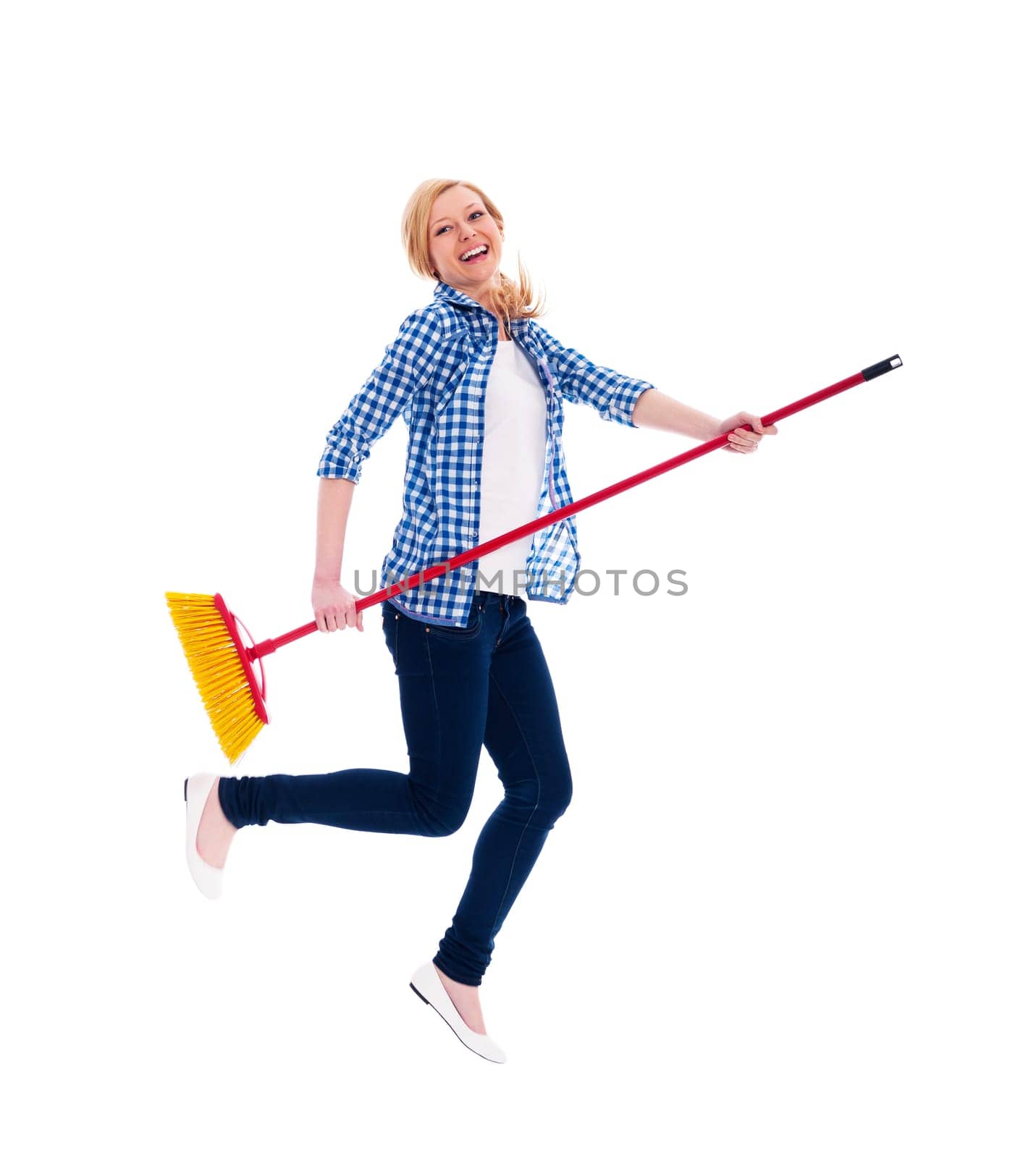 Crazy female cleaner flying with broomstick