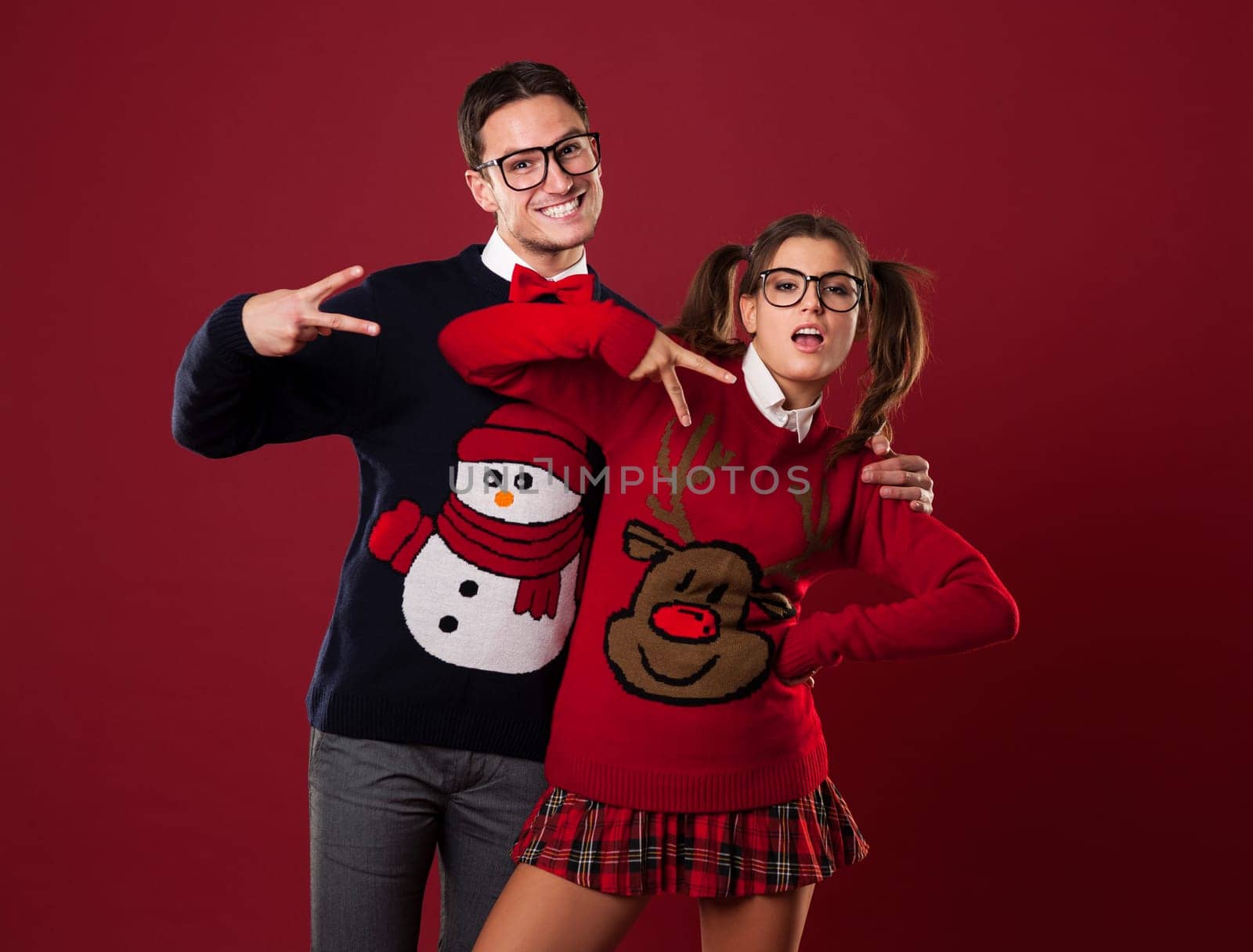 Funny nerd couple pretending to be self-confident