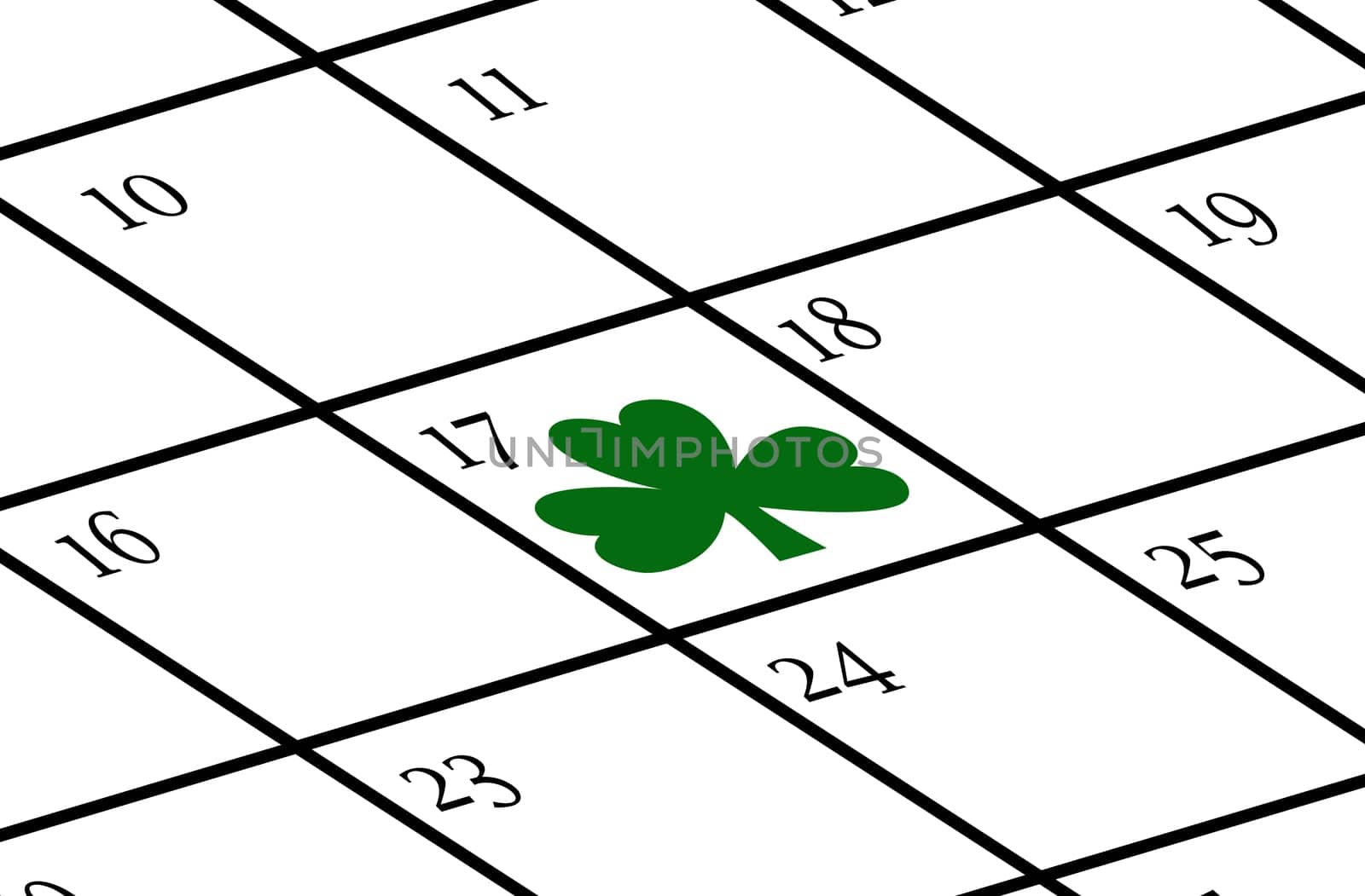 Calendar with St. Patrick's day marked on it with a cloverleaf