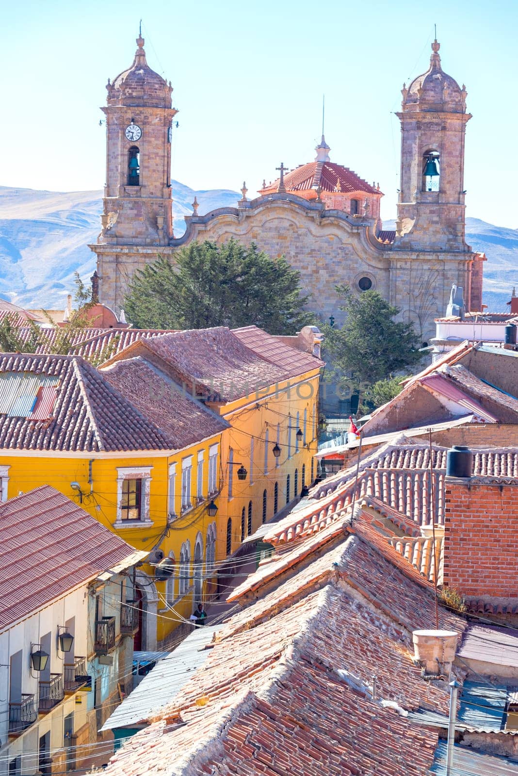 View of a street leading to the cathedral in Potosi, Bolivia