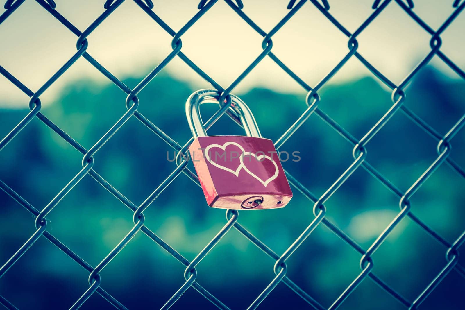 Lockers symbolizing love forever on the fence with vintage style