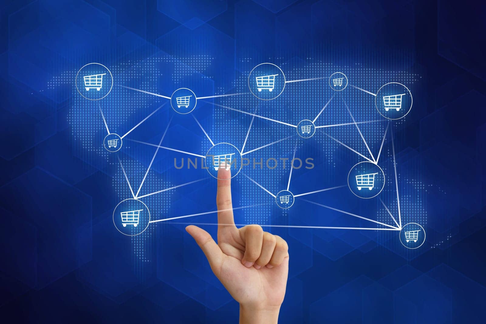 hand pushing shopping networking with blue background