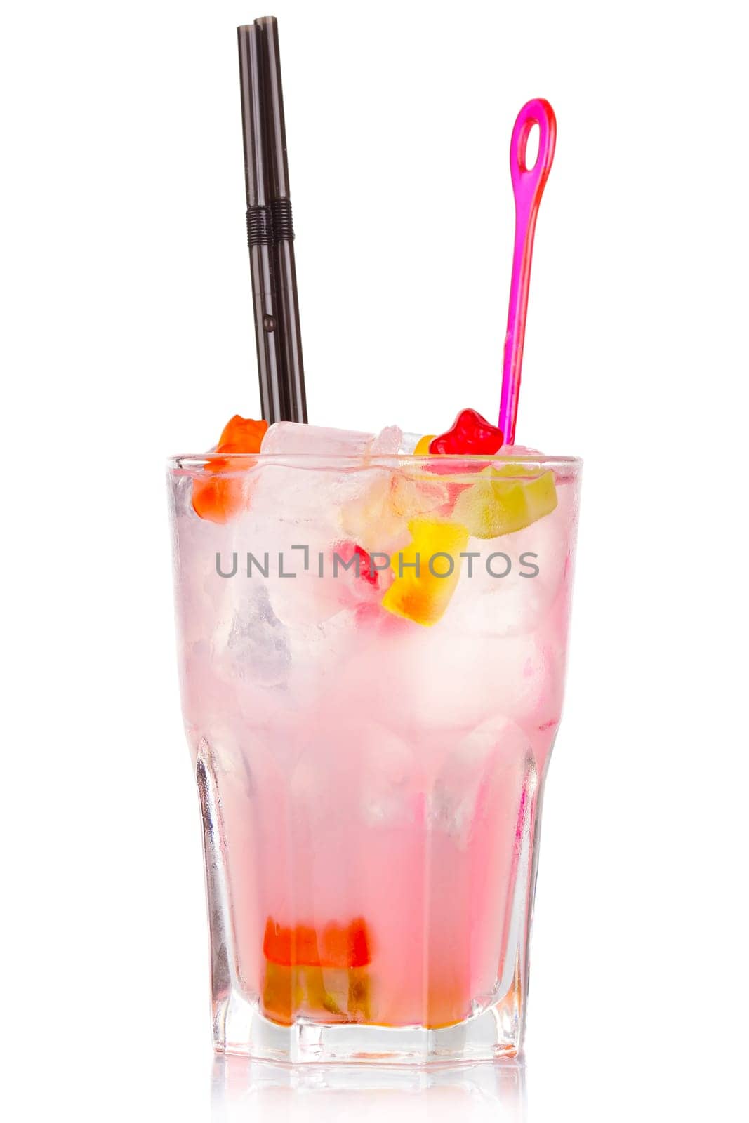 Pink alcohol cocktail with gummy bear candies isolated on white background