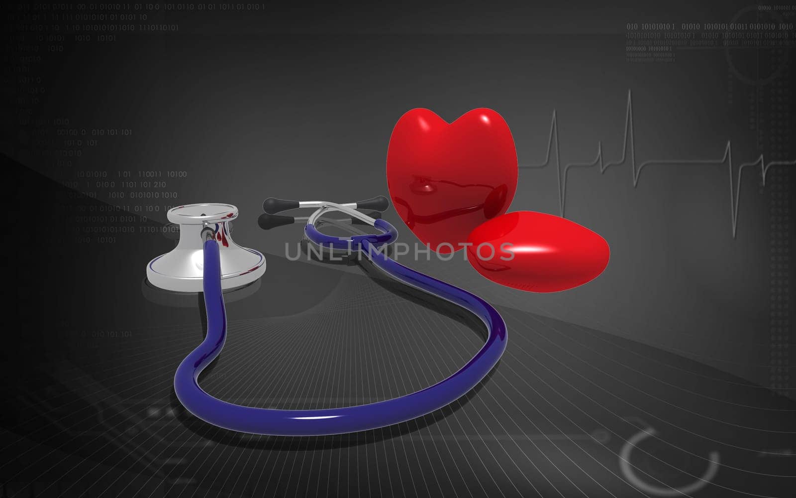 Digital illustration of stethoscope and heart in colour background
