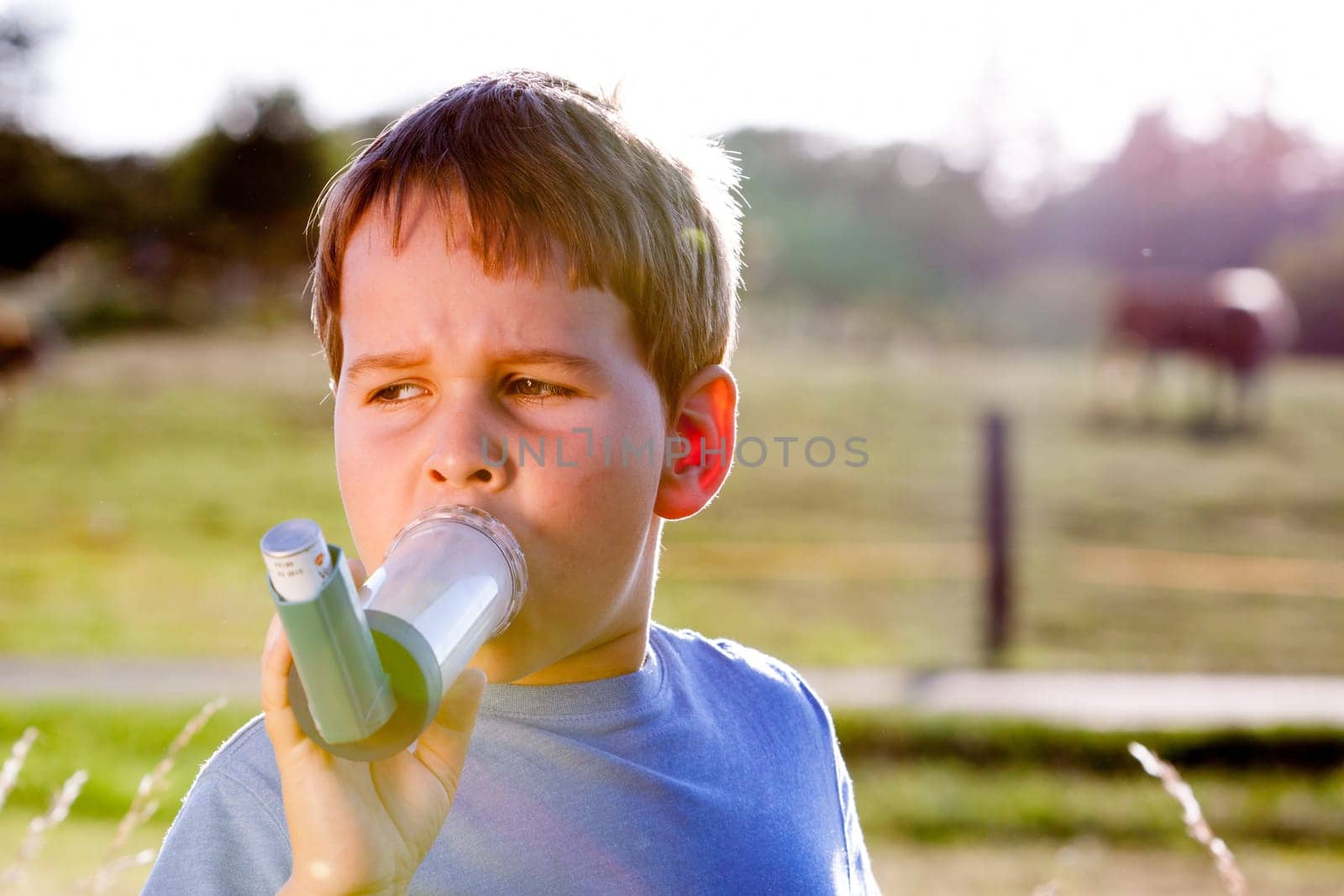 Boy using inhaler for asthma in village with cows and sunset
