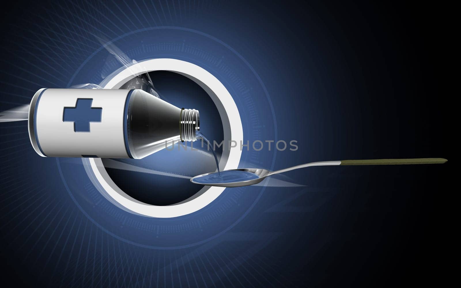 Digital illustration of medicine with spoon in colour background