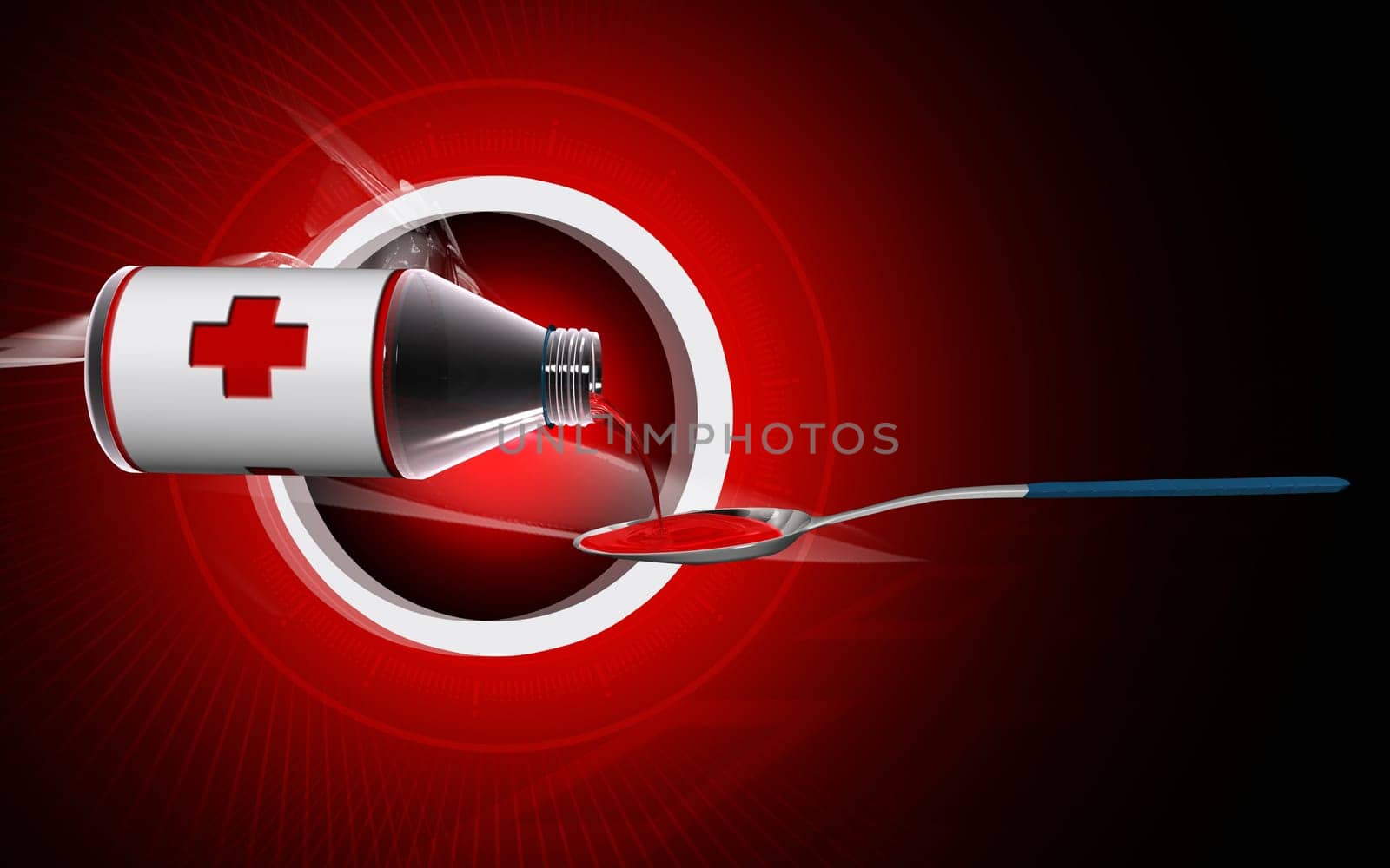 Digital illustration of medicine with spoon in colour background