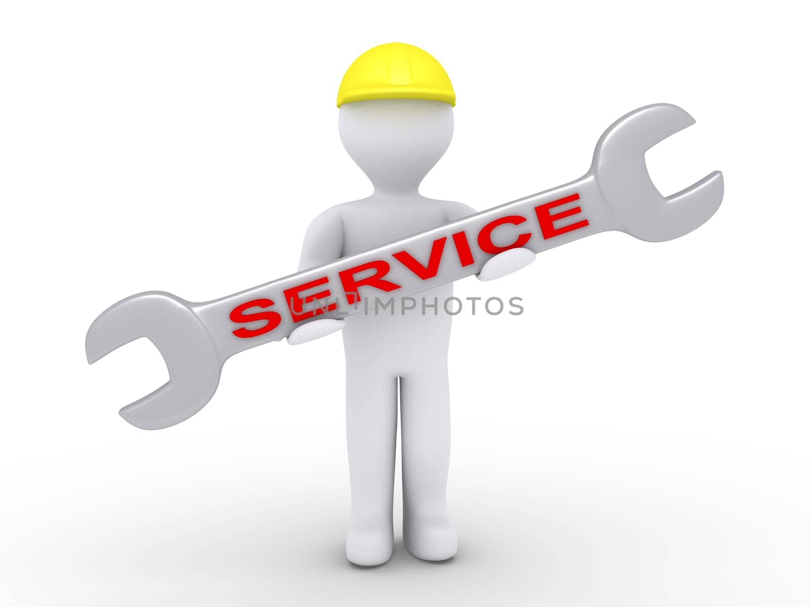 3d person with helmet is holding a wrench with a SERVICE word on it