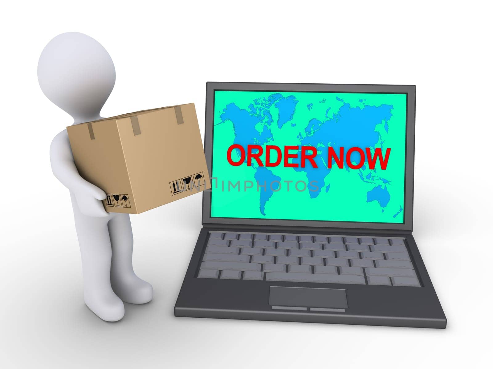 Person with a cardboard box is next to a laptop with the world map