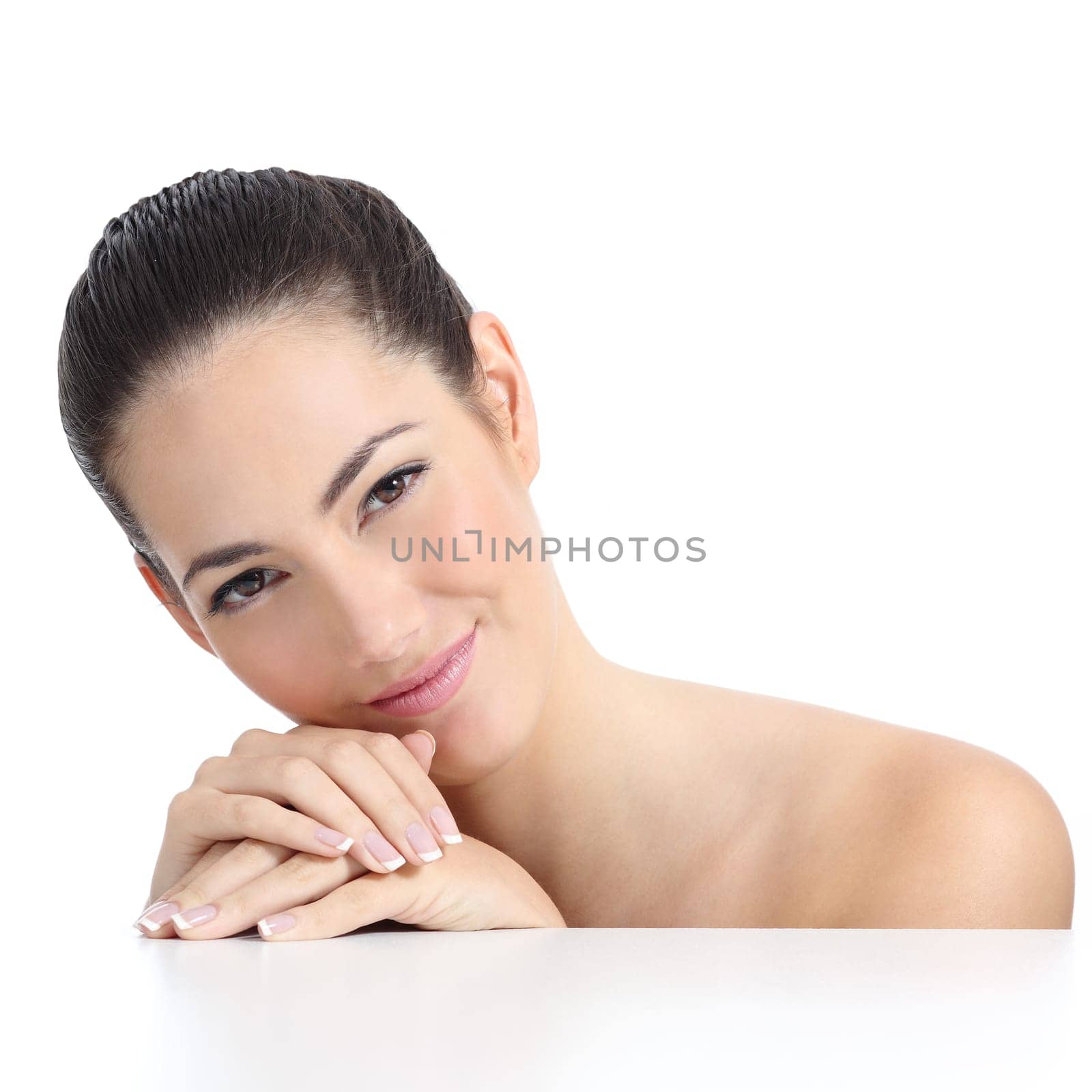 Beauty woman soft skin face and hands with french manicure isolated on a white background