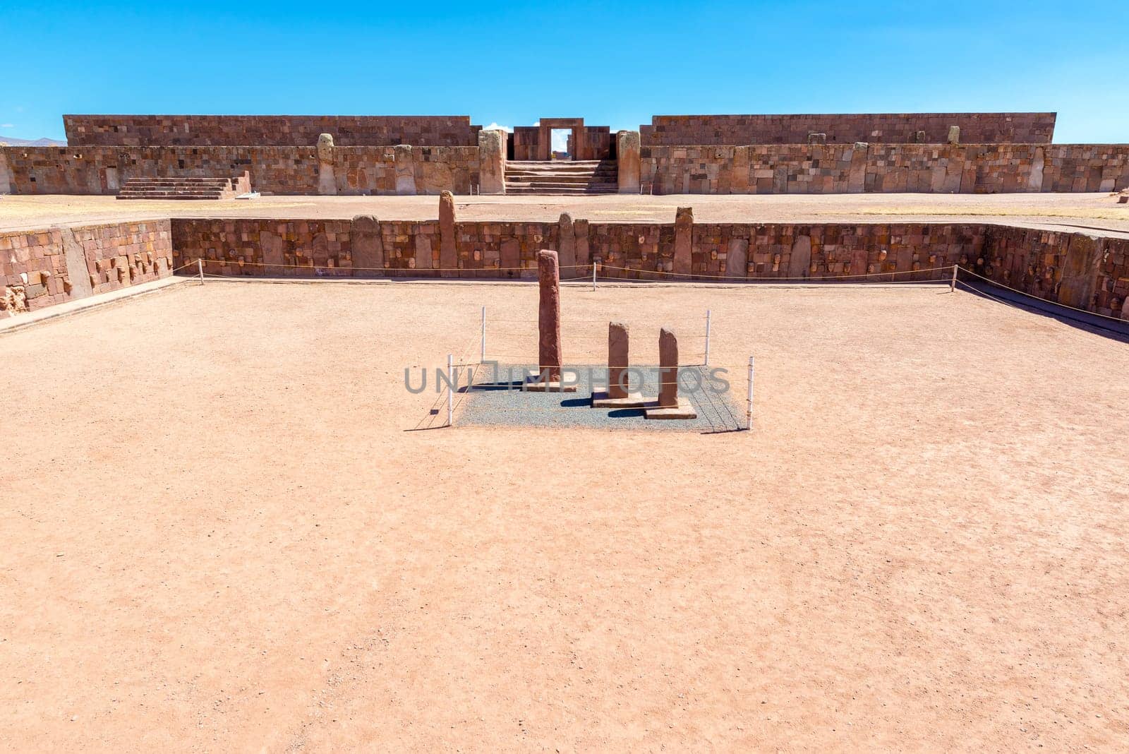 View of the semi subterranean temple at the UNESCO World Heritage site of Tiwanku near La Paz, Bolivia