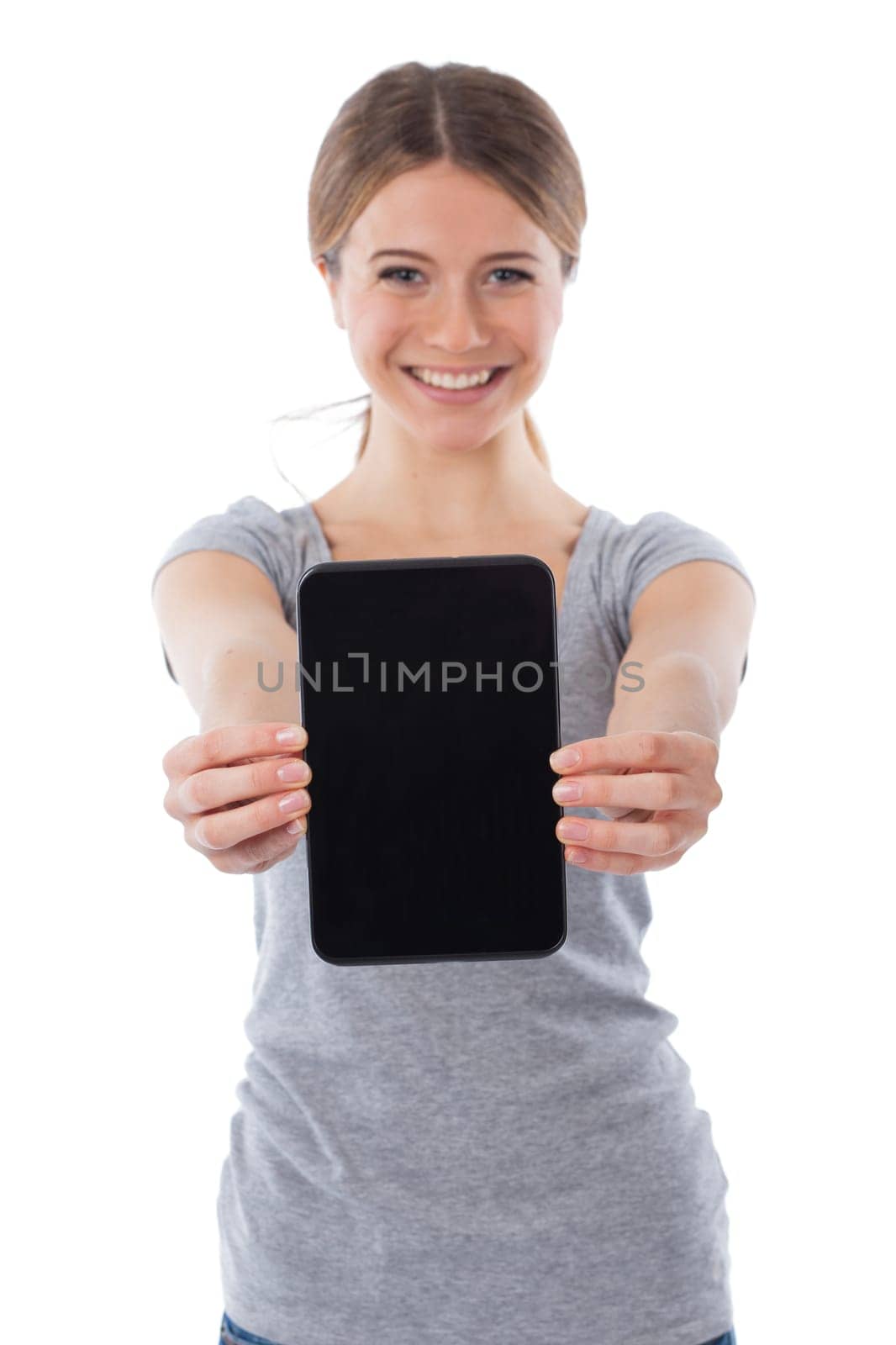 Young woman holding a blank touchpad, communication concept