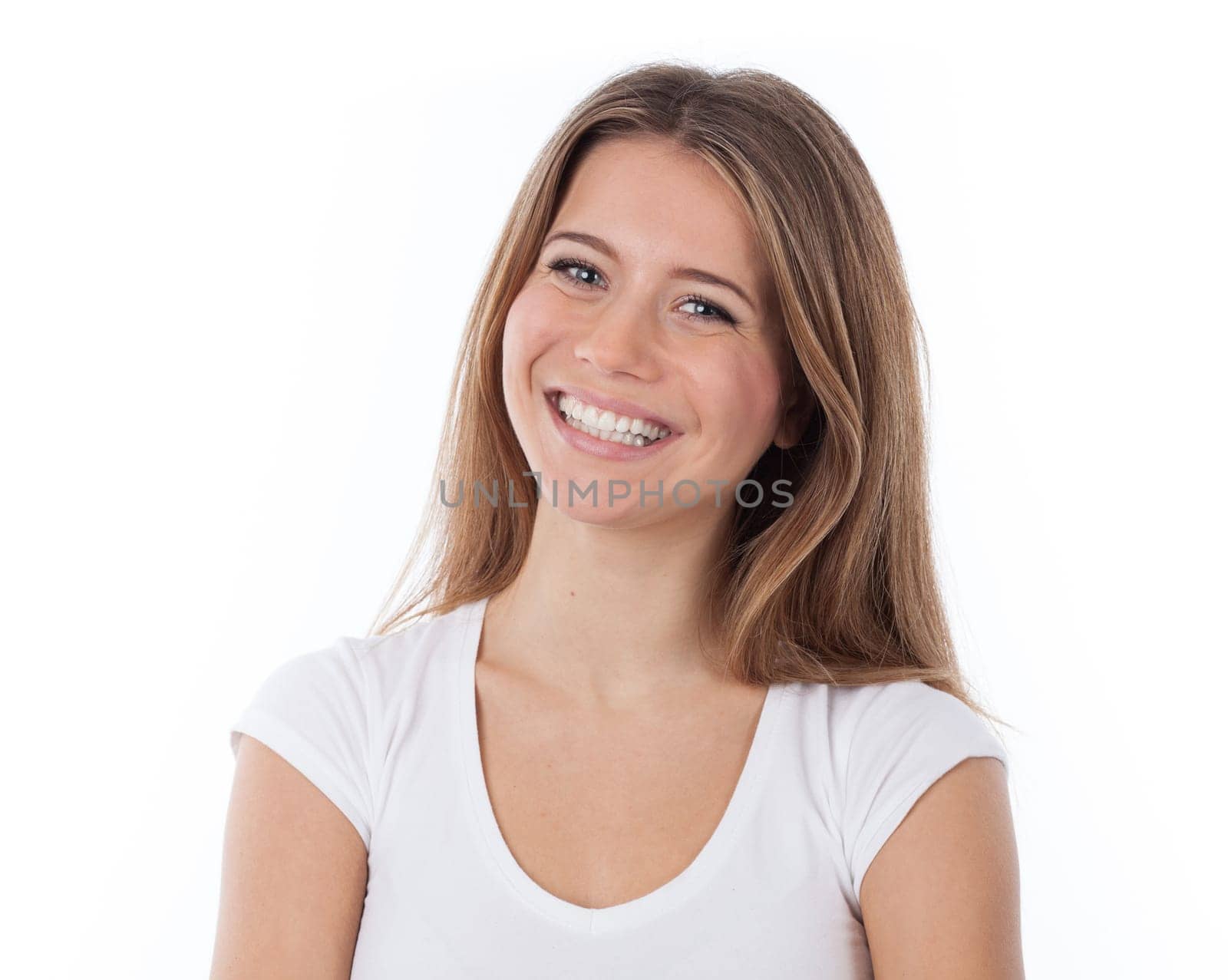 Close up portrait of happy woman, isolated on white