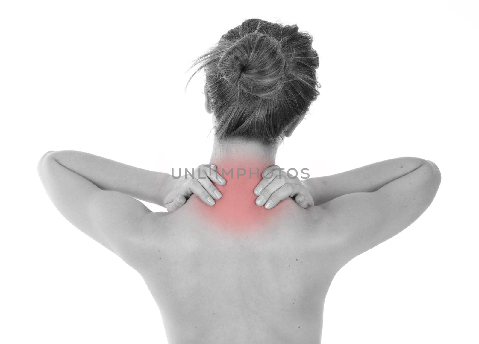 Young woman having nape and trapezius ache, isolated on white