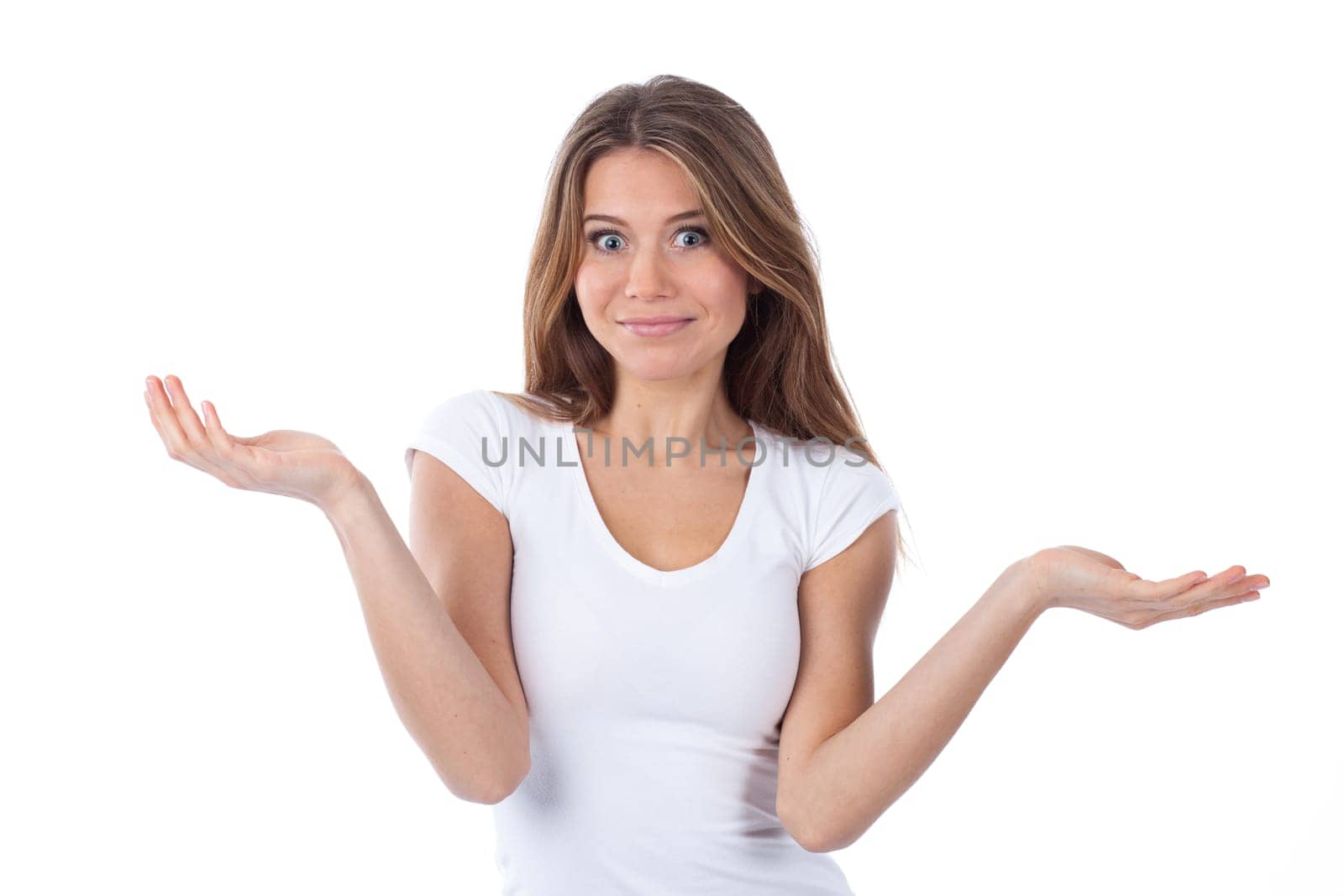 Portrait of a beautiful woman having a doubting gesture, isolated on white