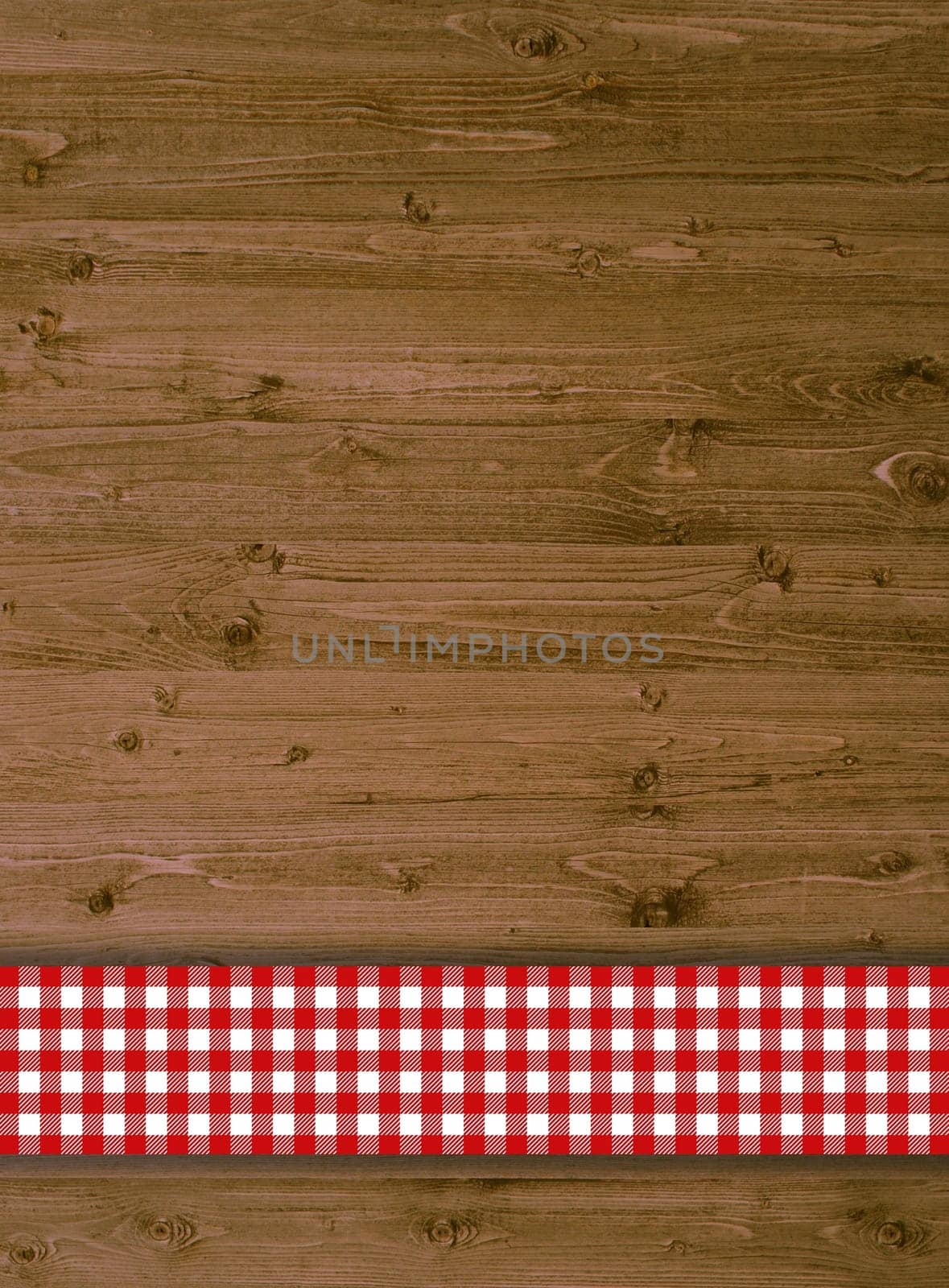 Rustic wooden background with tablecloth stripes red