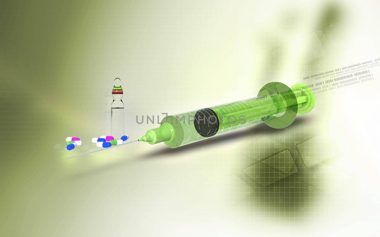 Digital illustration of syringe in colour background