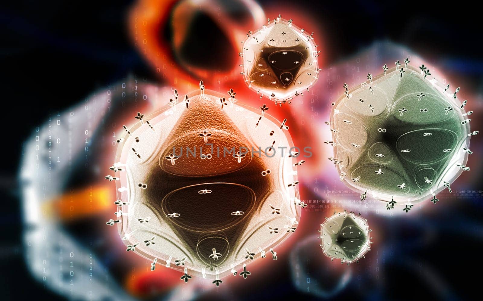 Digital illustration of HIV in colour background