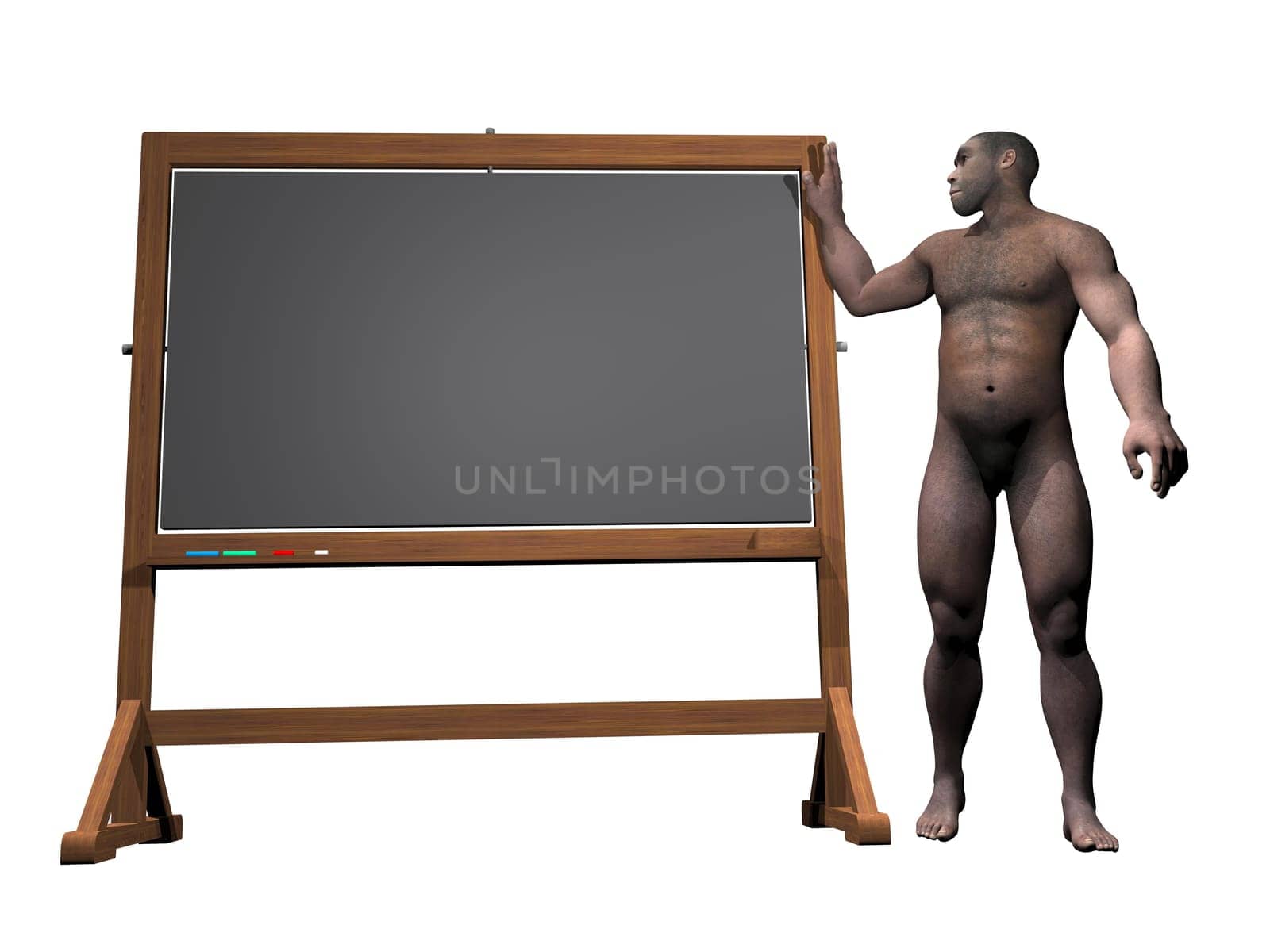 Prehistoric man standing next to blank blackboard in white background - 3D render