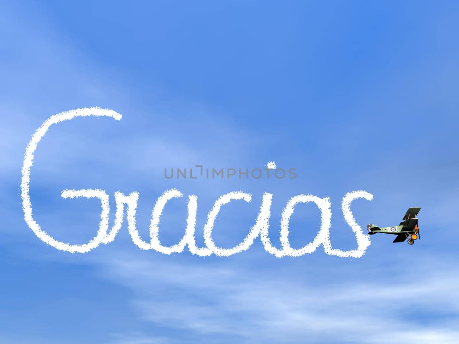 Gracias, spanish thank you message, from biplan smoke in blue sky - 3D render