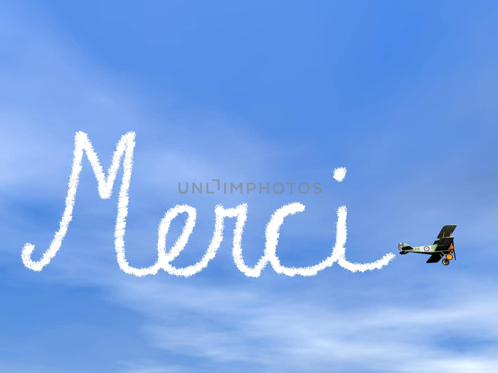 Merci, french thank you message, from biplan smoke in blue sky - 3D render