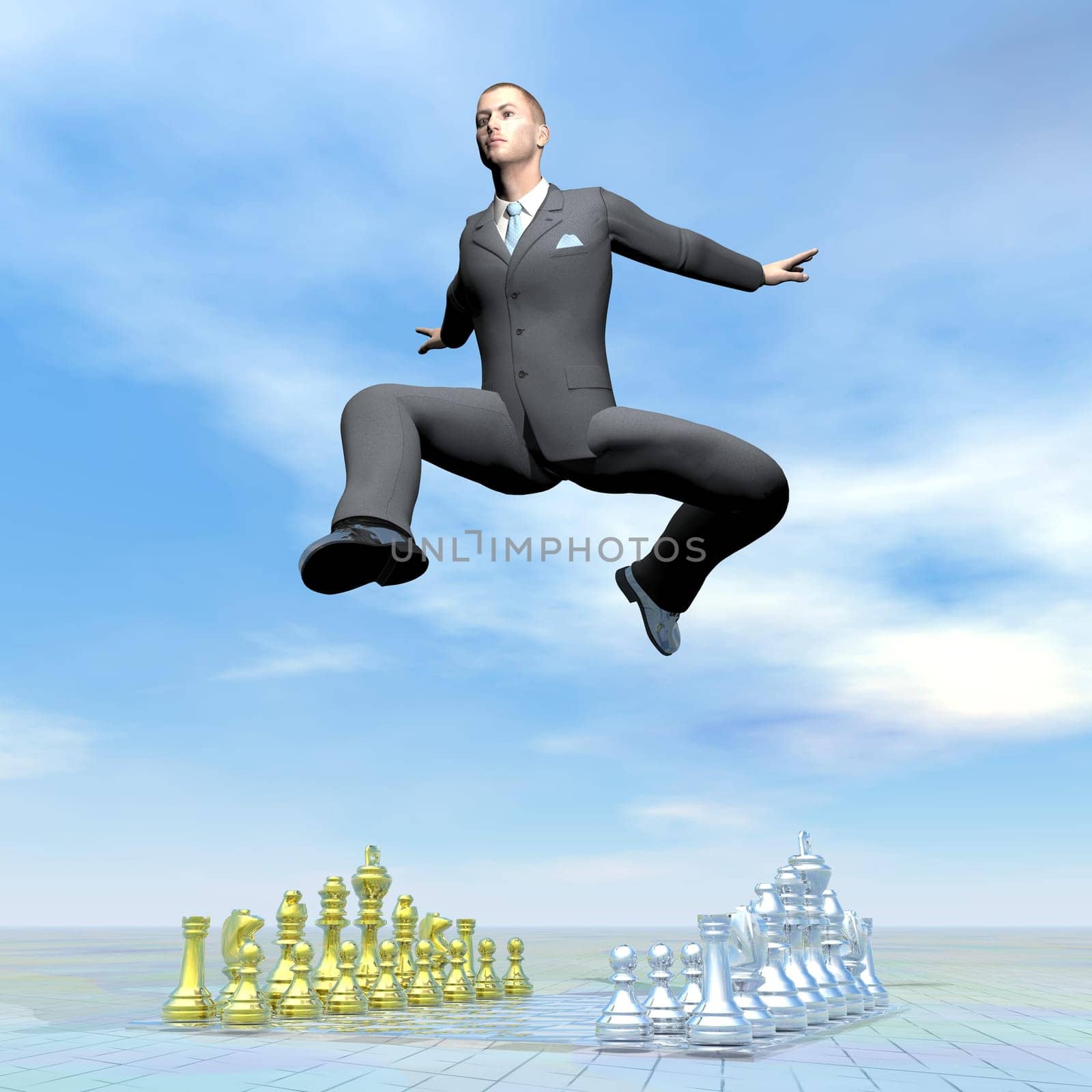 Businessman jumping upon chessboard by beautiful day - 3D render