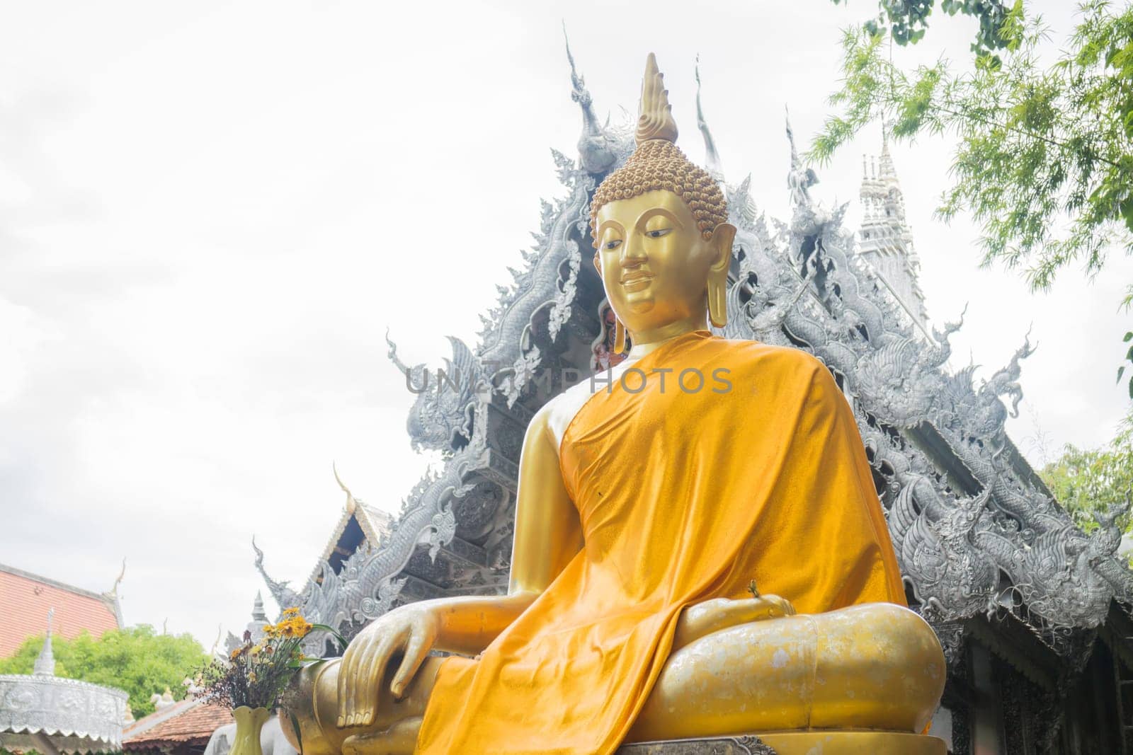 Closeup golden buddha image in the temple is a public place