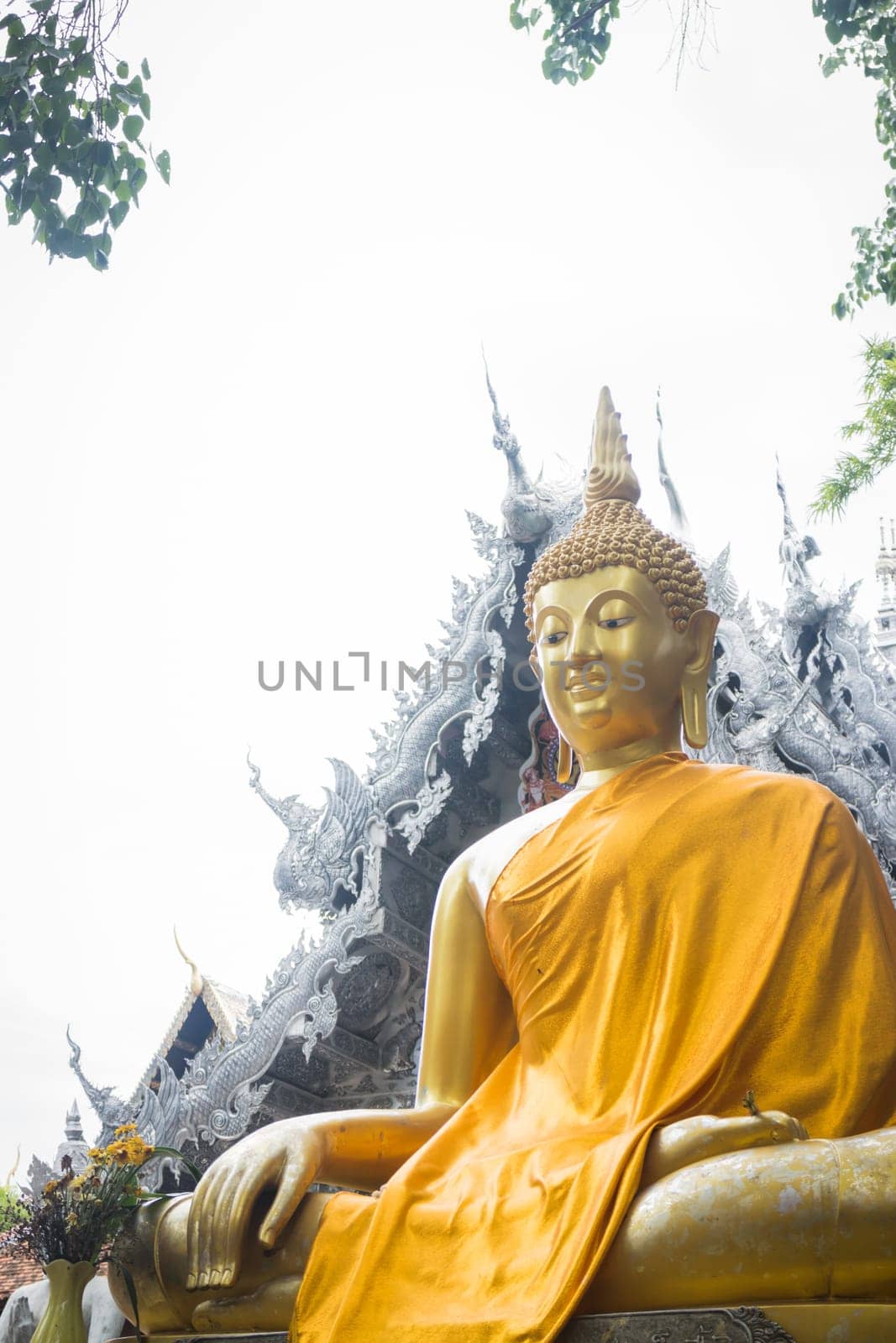 Golden buddha image in front of the temple is a public place