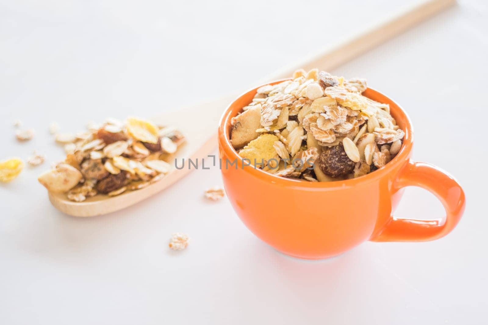 Mixture of cereals on white table, stock photo
