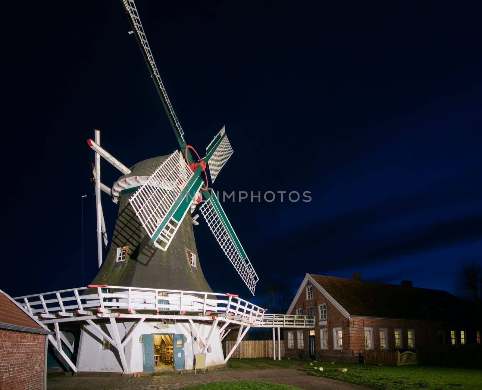 Wide-angle view of the Seriemer Mill in East Frisia (Germany) at night
