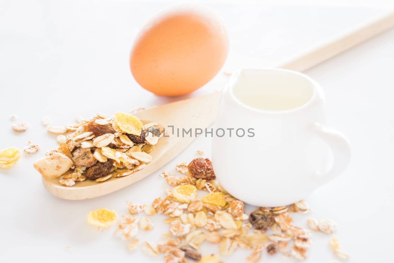 Nutrition ingredient of muesli milk and egg, stock photo