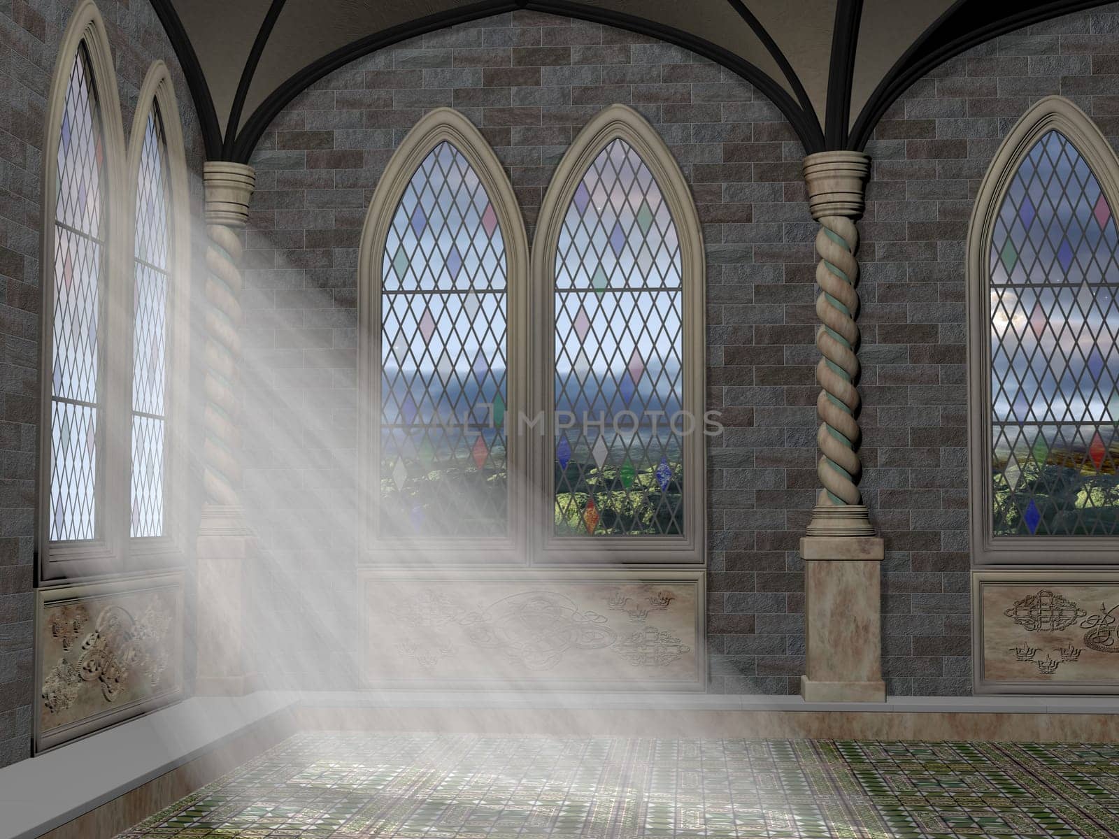 God rays streaming through a stained glass leaded window