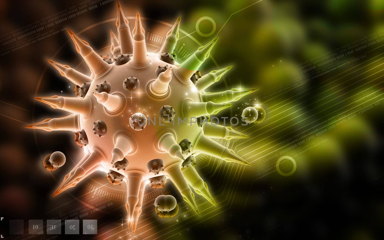 Digital illustration of Flu virus in colour background