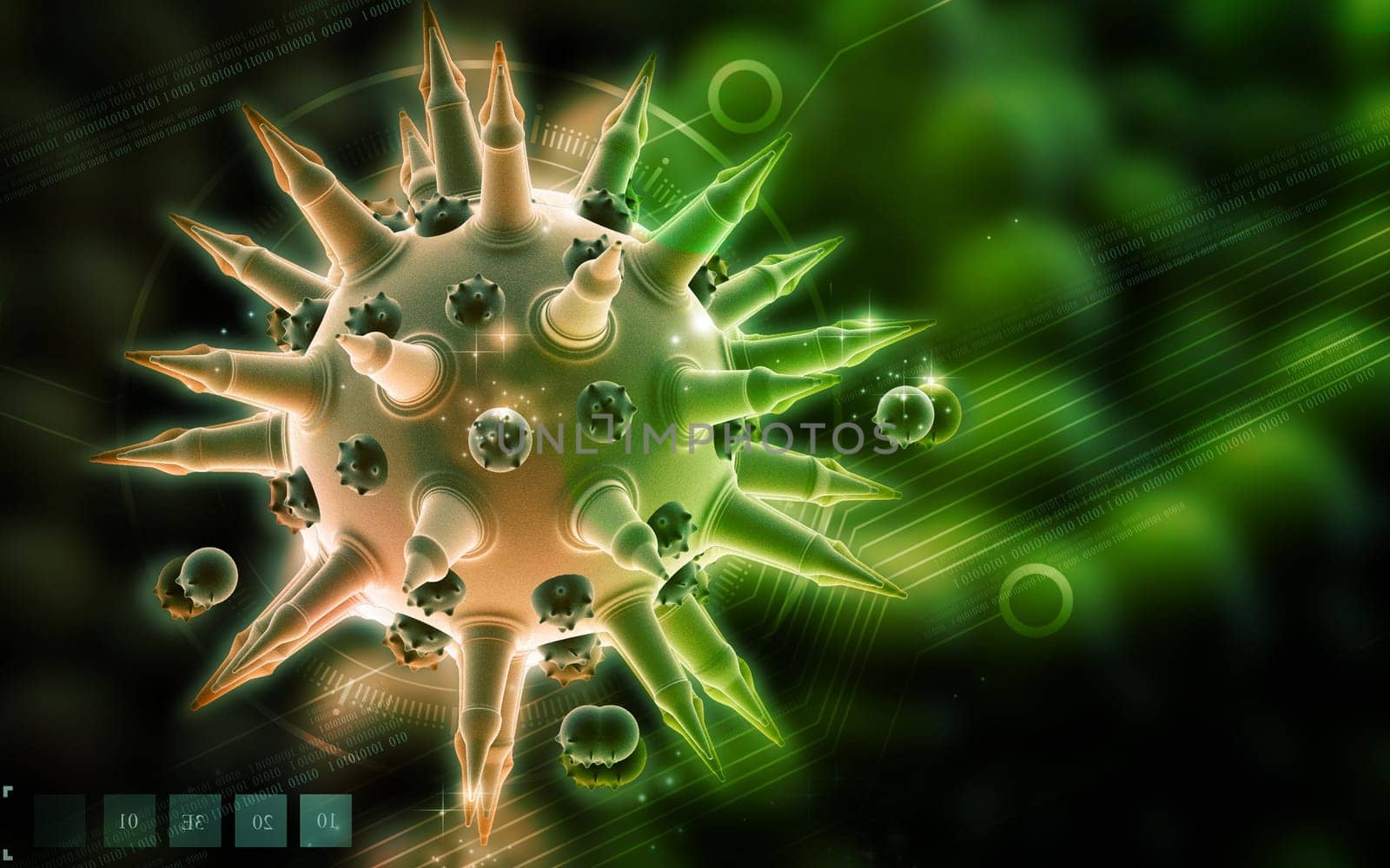 Digital illustration of Flu virus in colour background