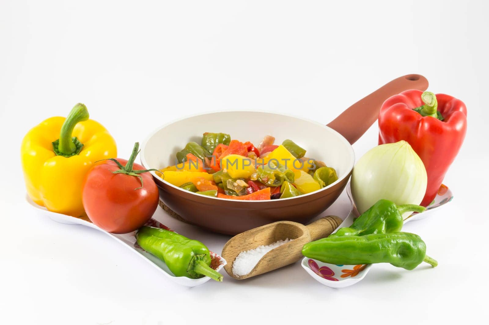 peppers, onions, tomatoes and olives a bit of olive oil and there you have a nice flat