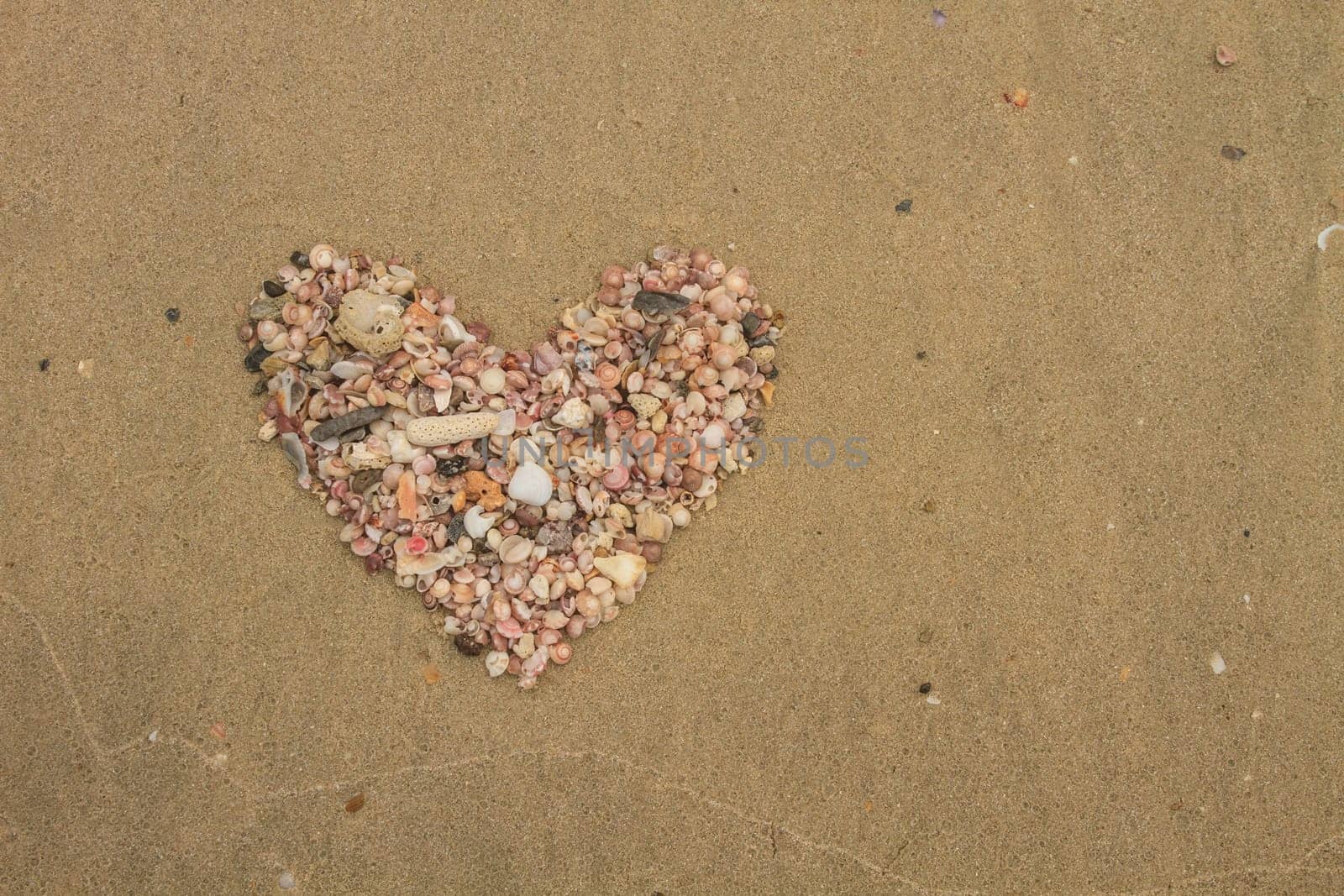 Heart made of sea shells lying on a beach sand in summer