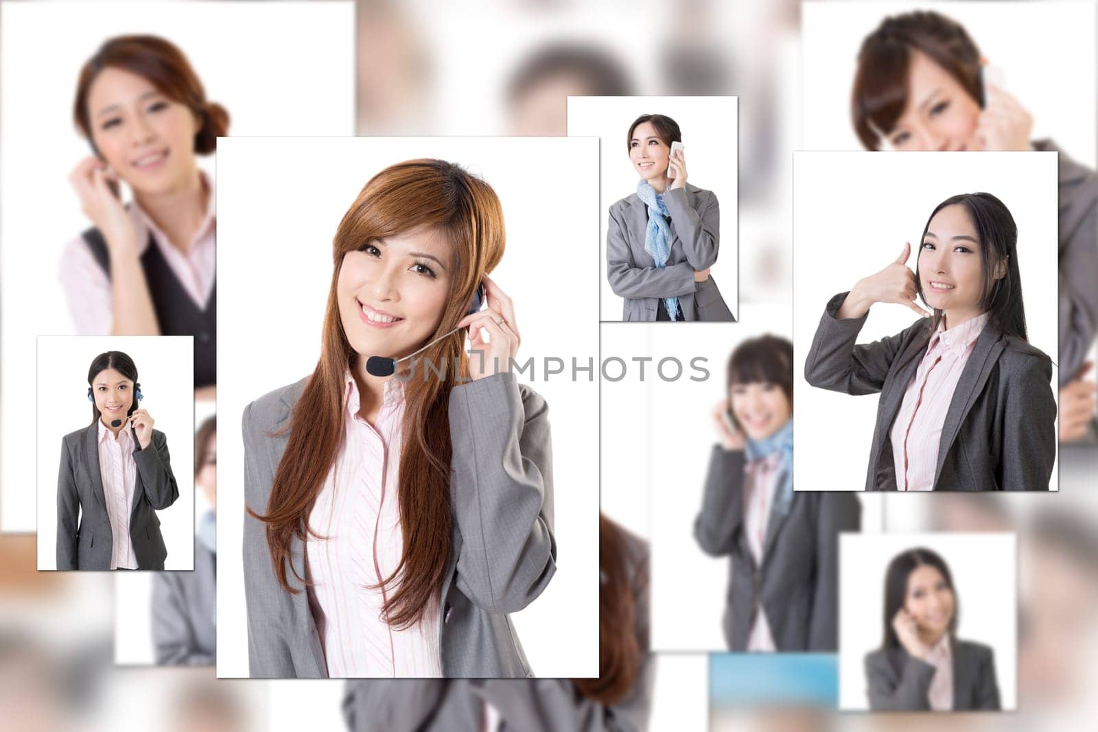 Business people wall with woman talk on phone. Concept about communication, social media, network etc.
