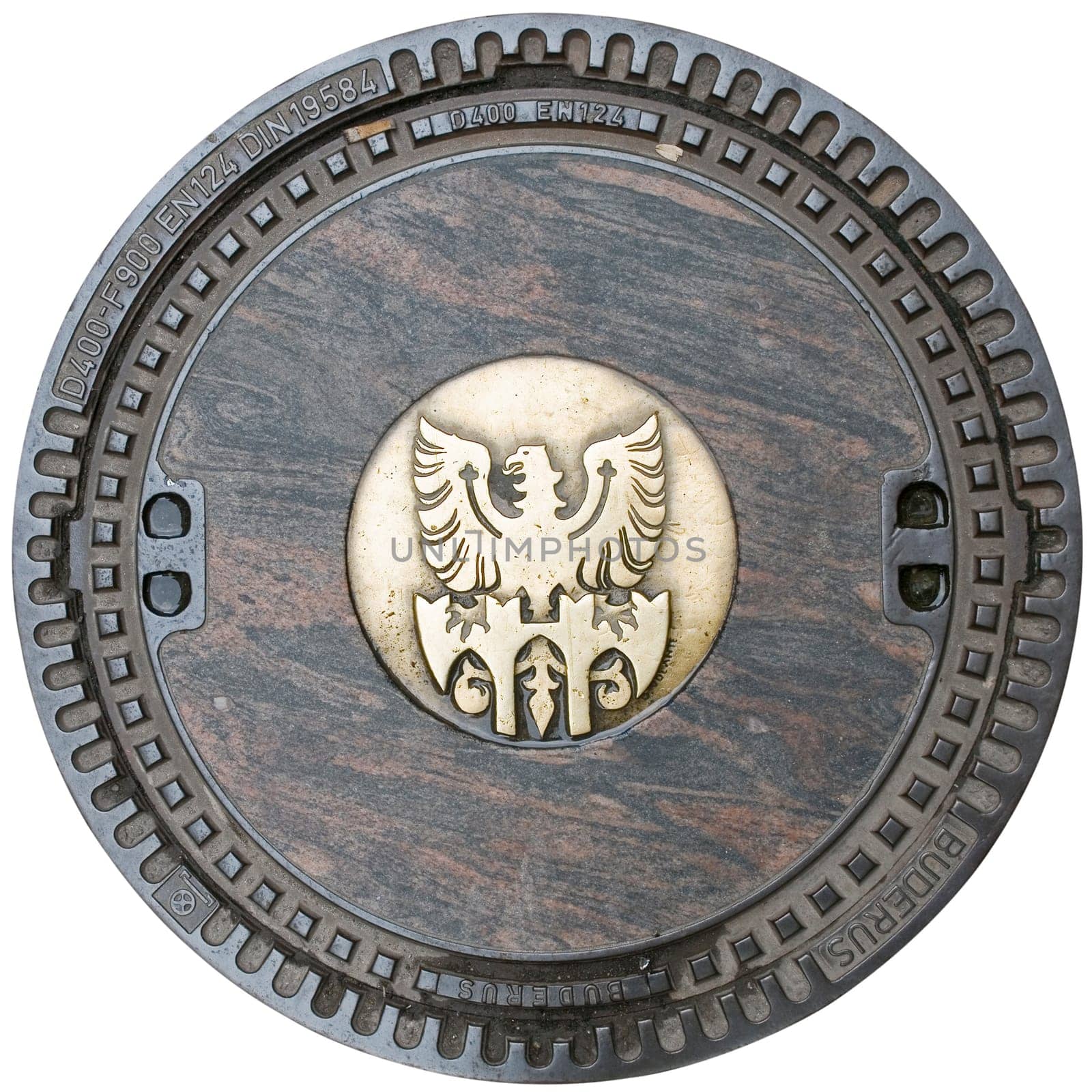 insulated view of a canal cover of the city of Merano with coats of arms and ornaments on white