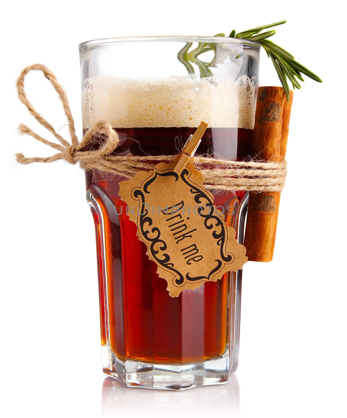 Alcohol cocktail (beer-based) with spices isolated on white