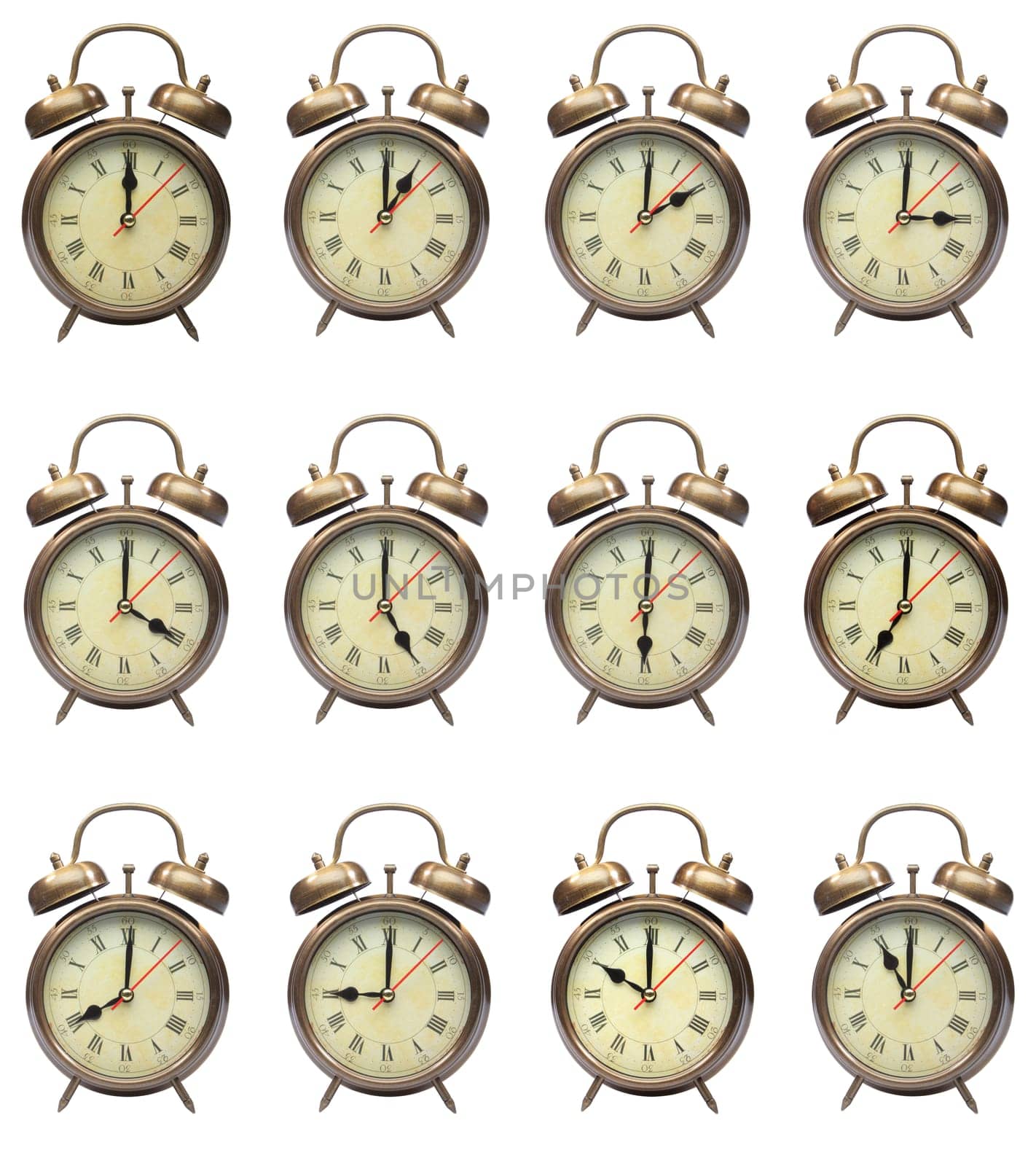 composite of all the hours of each day showing on alarm clocks