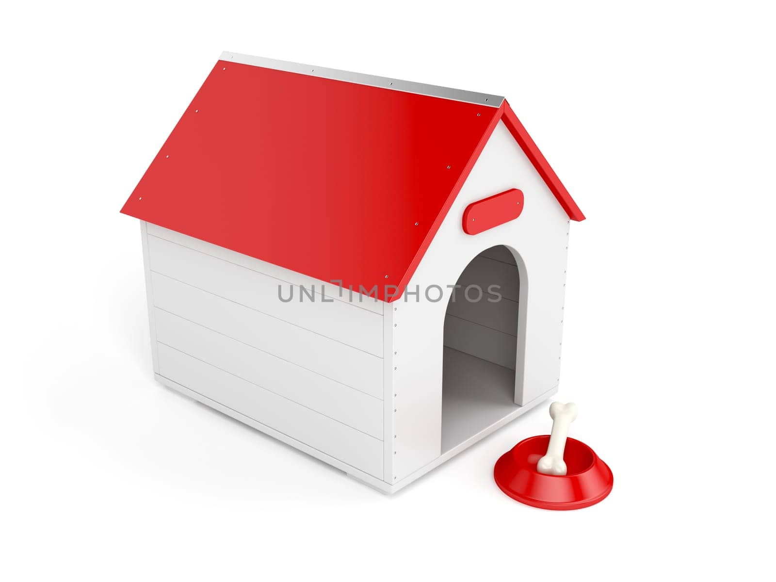 Doghouse with bowl and bone on white background