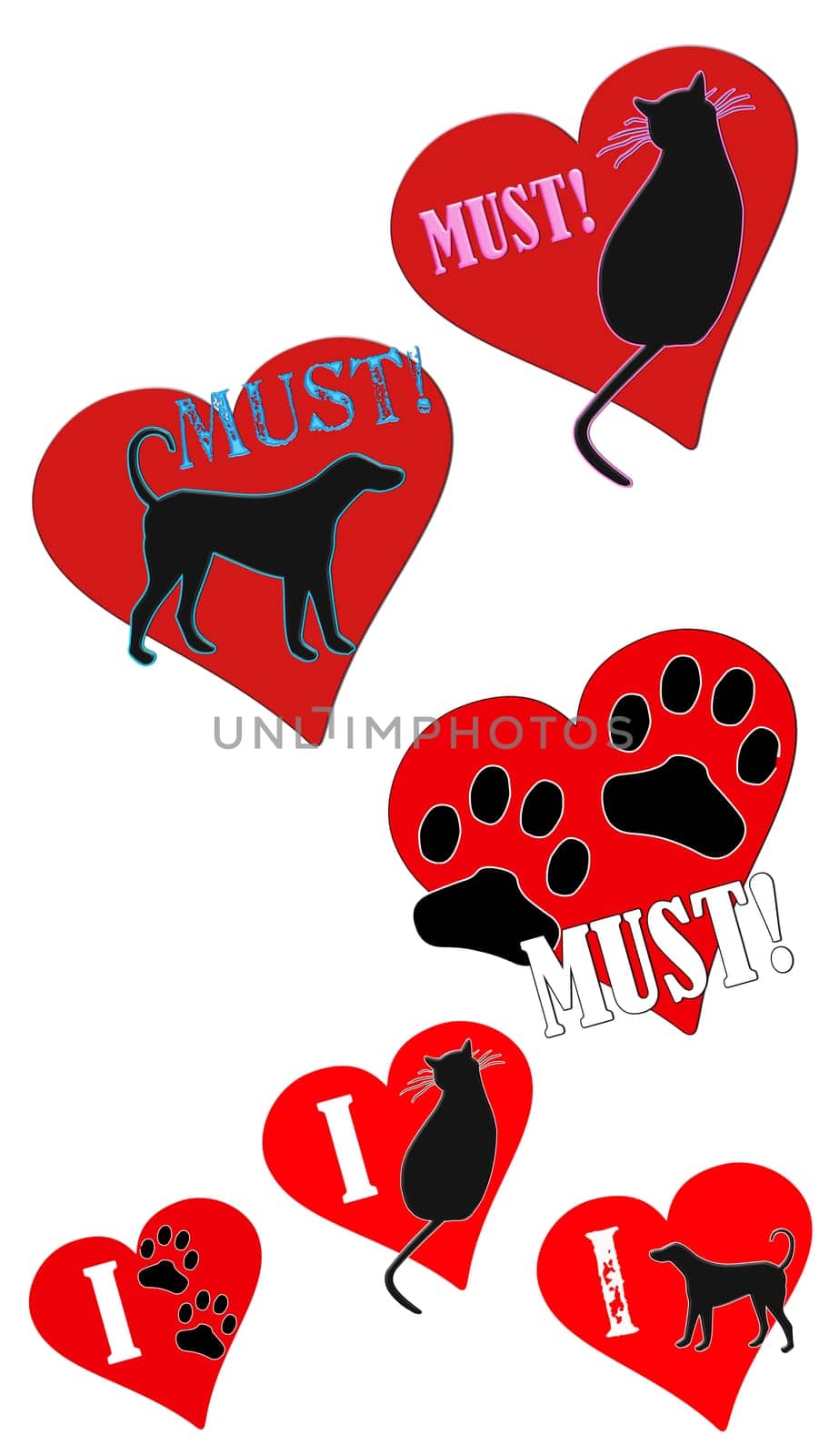 Fun clip art illustrations of Must Love Animals and I love animals concept.