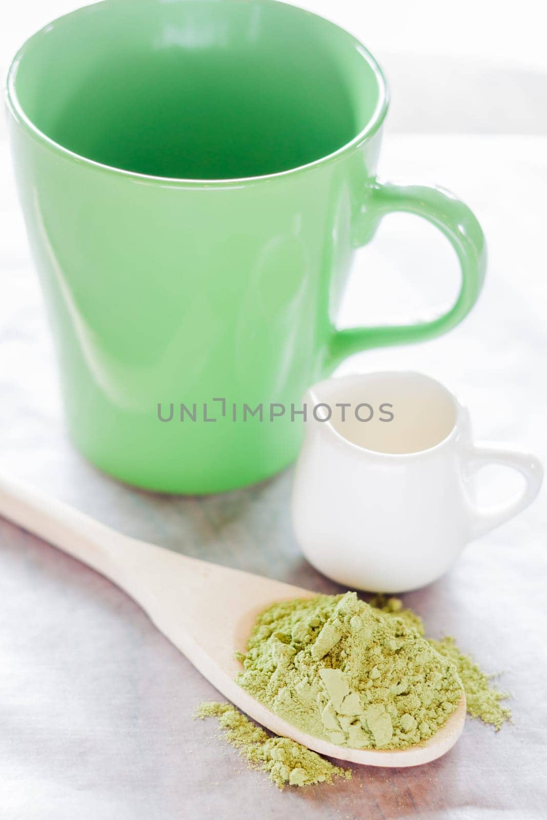 Set of making hot green tea latte drink, stock photo