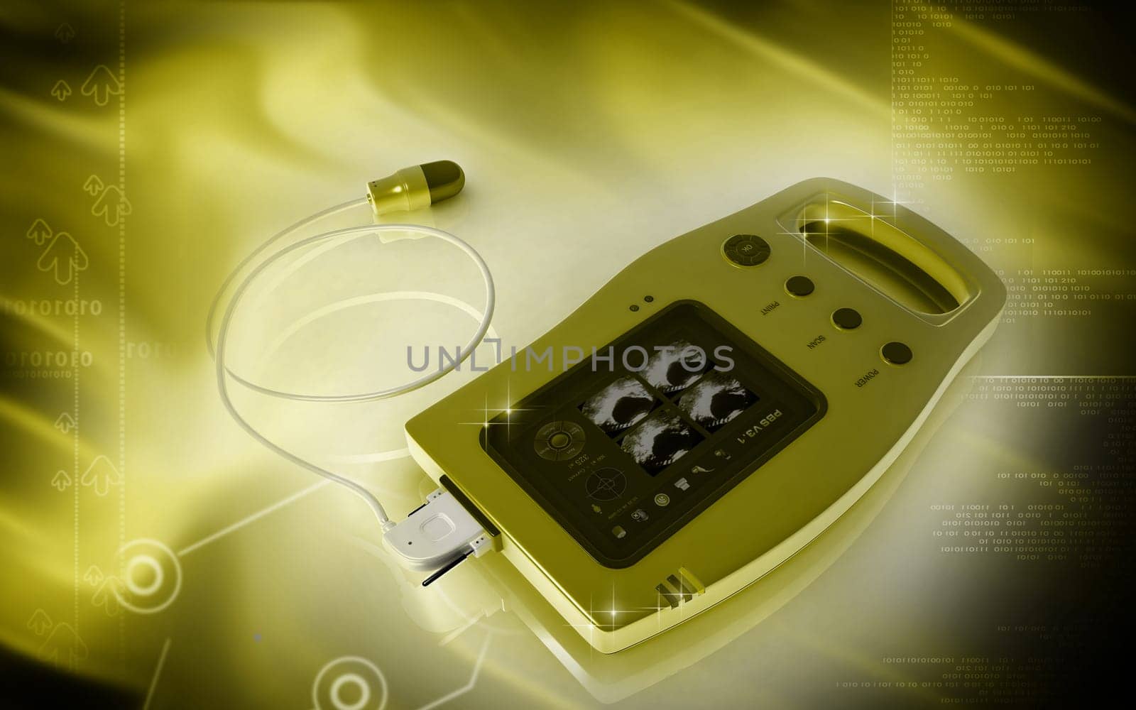 Digital illustration of palm bladder scanner in colour background