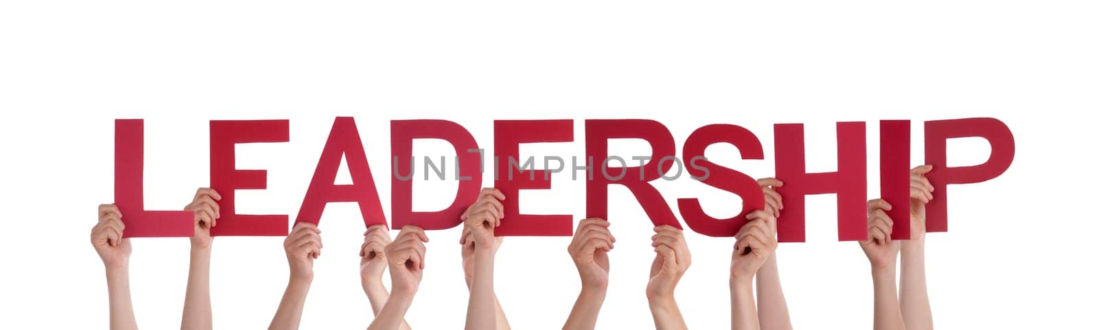 Many People Holding the Red Word Leadership, Isolated