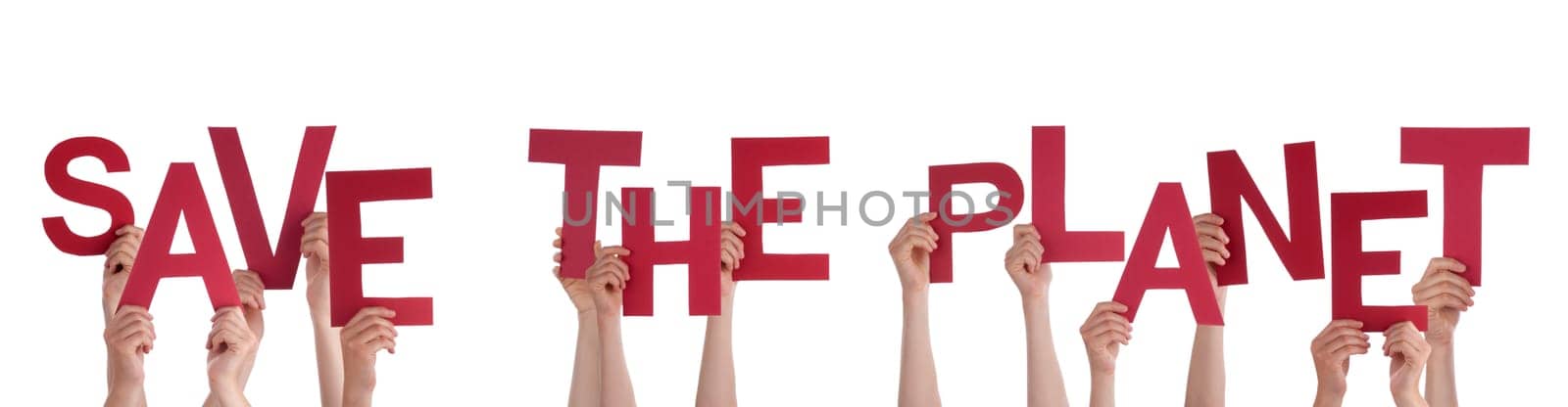 Many Hands Holding the Red Words Save The Planet, Isolated