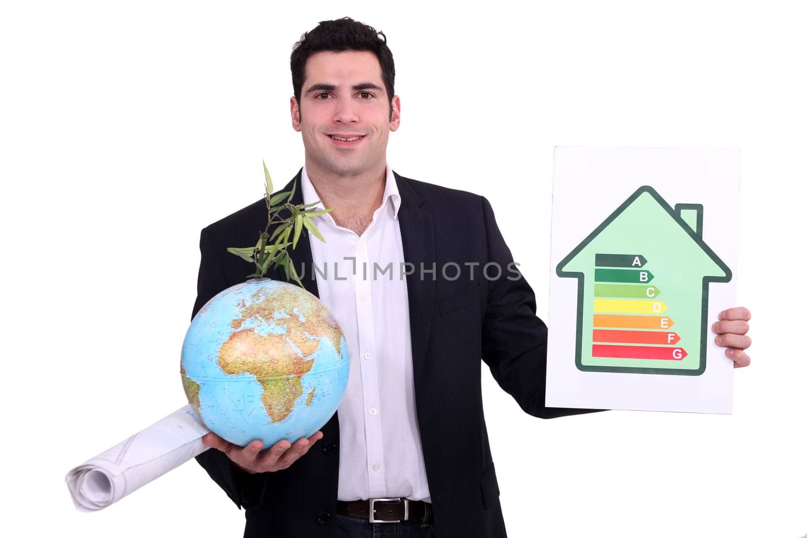 architect holding globe isolated on white