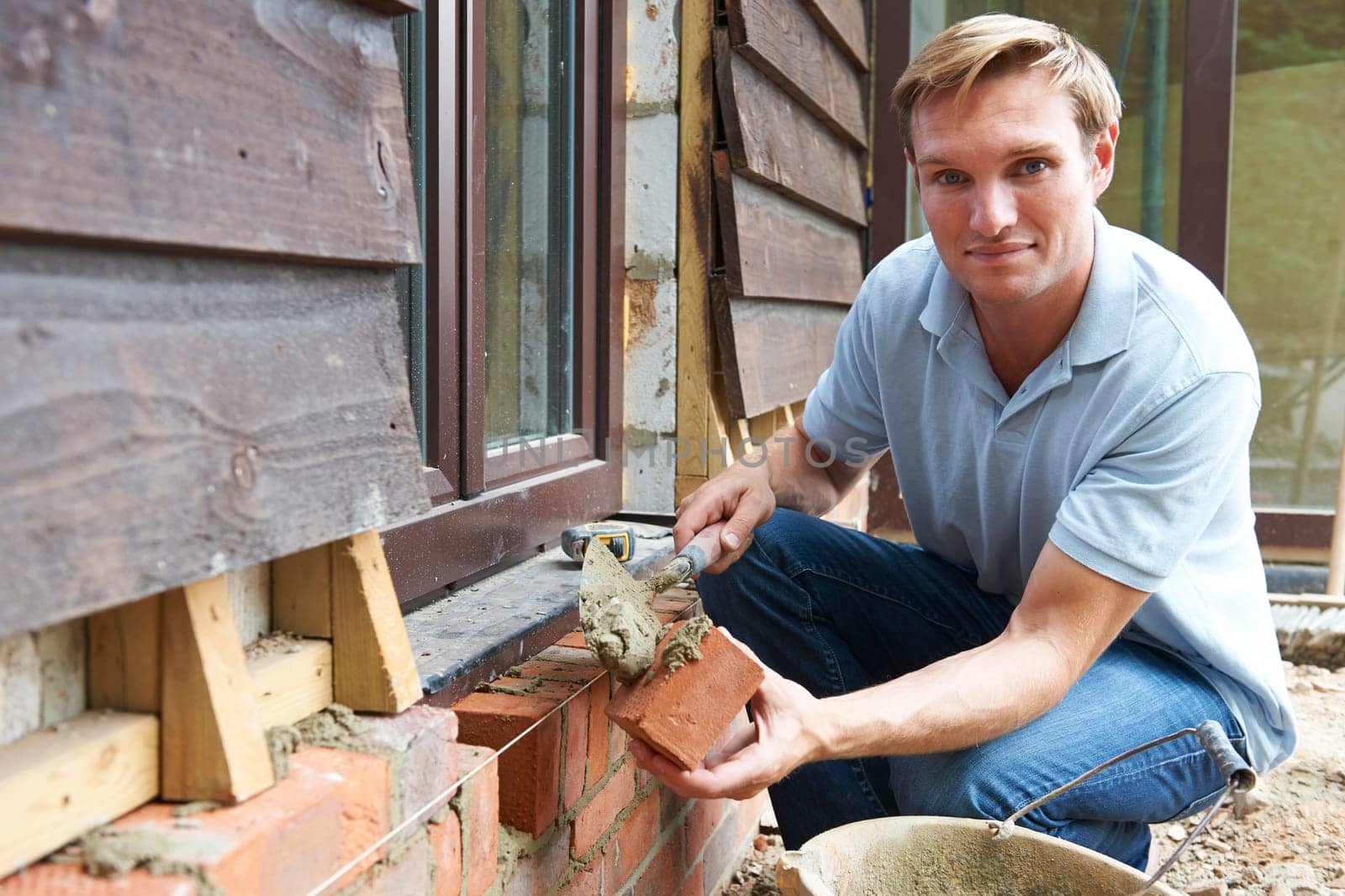 Portrait Of Construction Worker Laying Bricks